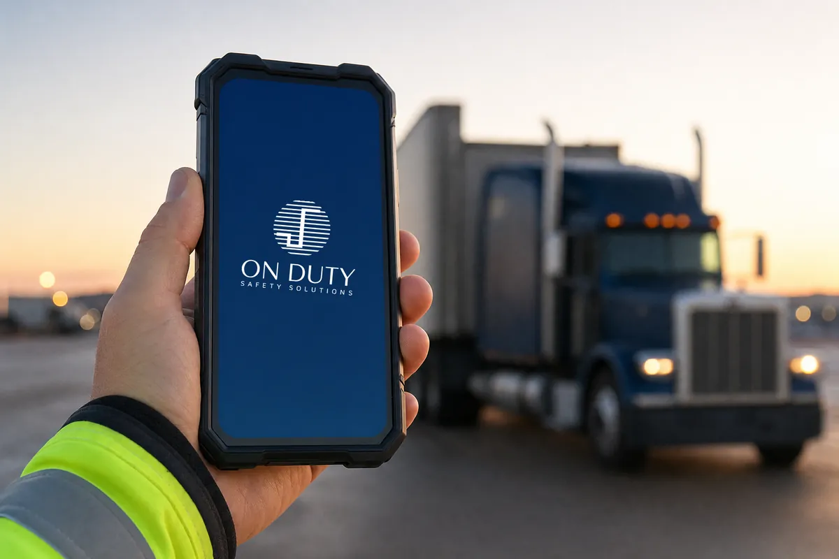 The On Duty app on a phone, held in a truck yard
